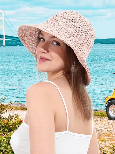 Womens Sun Hat Handmade Crochet Straw Bucket for Summer Foldable Travel Cap - color: Pink
