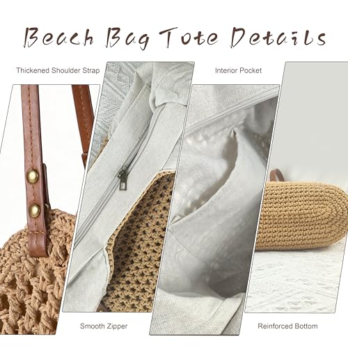 Crochet Beach Bag, Woven Tote Bag, Boho Bags for Women,Summer Purse with Zipper & Pocket - color: Khaki