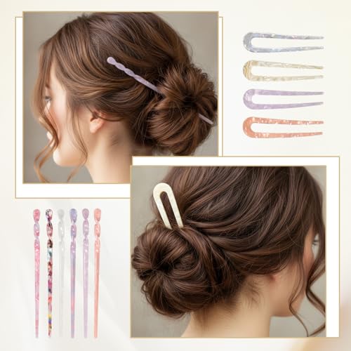 10 PCS Acetate Hair Sticks Set, 6 PC Acetate Hair Chopsticks and 4 PC U-Shaped French Hairs Forks Tortoise Shell Haipin Retro Chinese Hairpins Vintage Hairstyle Accessories for Women Girls Updos Buns
