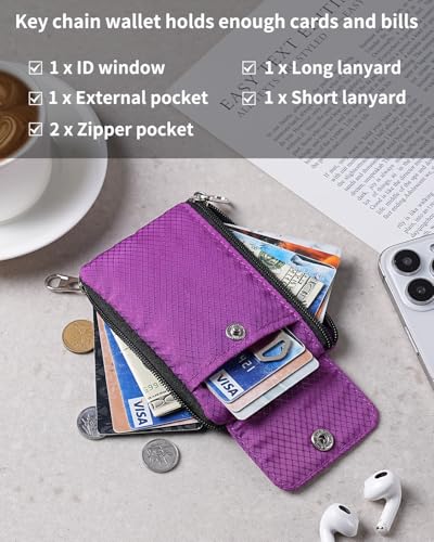Artpaxy Minimalist Wallet For Mens Womens, Keychain RFID Blocking Zipper Small Wallet with ID Window 2 Lanyards,Water Resistant Travel Cash Card Coin Case Boys Girls - color: Purple, style: Casual