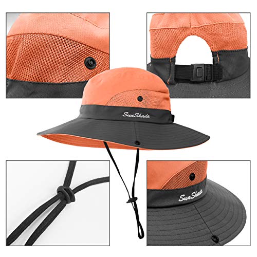 3 Pieces Womens Ponytail Wide Brim Sun Hat Packable UV Protection Beach Cap for Fishing & Hiking - color: Watermelon Red＆pink＆orange