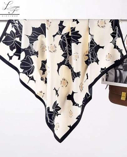 Hioyiwse Head Scarf For Women Hair Bandana 35" Large Square Satin Wrap Sleeping Neck Silk Satin Hair Scarves Lightweight - color: F15-white Flowers and Black Leaves(35*35inch）