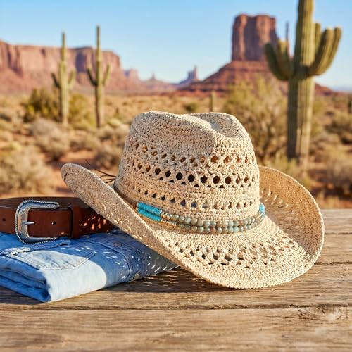 Adjustable Cowboy Hat Band for Women Men, Turquoise Cowboy Beaded Bands, Cowgirl Rope Belt for Panama Fedora - color: Green B
