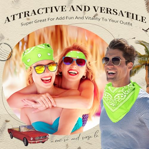 Suhine 24 Pcs Bandanas Bulk for Women Men 22 x 22 Inch Paisley Outdoor Headband Cowboy Handkerchief Summer - color: Fluorescent Green