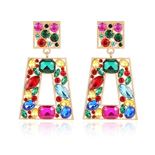 Rhinestone Rectangle Statement Earrings Colorful Crystal Geometric Drop Dangle Earrings for Women Prom Party - color: colorful