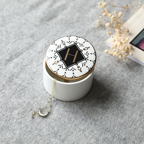COLLECTIVE HOME - Monogram Jewelry Box, Bohemian Ceramic Trinket Box, Storage for Necklace Ring Bracelet Keys, Birthday Mother's Day Christmas Gift for Women, 3.25" x 2.5" (H) - color: H