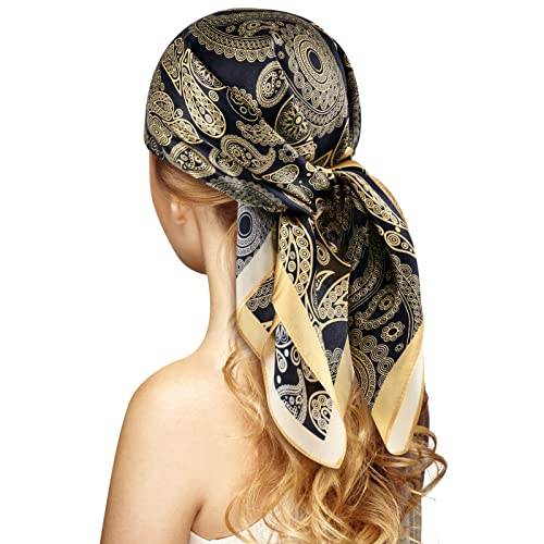 Stlvoll 100% Silk Head Scarf for Women - 27" Hair Scarves Satin Bandanas Square for Night Sleeping with Gift Packed - color: Yellow/Black/Cashew Nuts