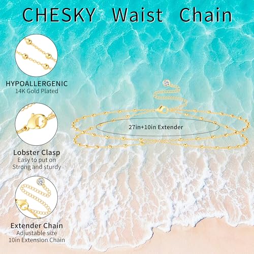 CHESKY Waist Beads for Women, Dainty 14k Gold Plated Waist Chain Beach Accessories Cute Belly Chain Body Chain Gold Chain Belts for Women Summer Beach Jewelry for Womens Gifts Rave Outfits for Womens - style: bead chain-gold
