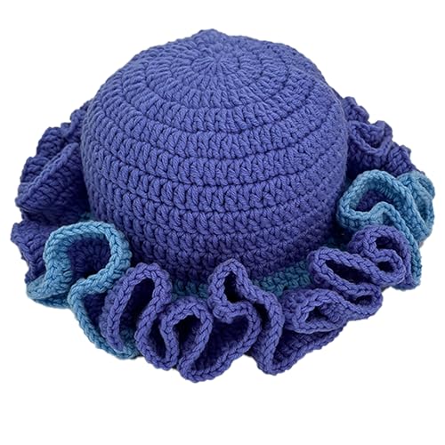 Handmade Crochet Bucket Hat for Women Boho Chic Slouchy Design Colorblock Ruffled Brim Festival&Daily Crochet Hat - color: Sky Blue