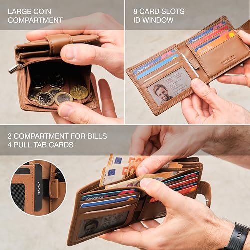 Soft Leather Wallet for Men - Mens Wallet Bifold with Zipper Coin Pocket - Holds Bills, Credit Cards, Coins - Carteras para Hombres Piel - Billeteras de Hombres Cuero Original - RFID Blocking - color: Cognac