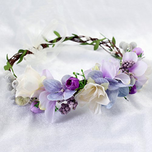 Vivivalue Floral Crown Headband Flower Headpiece Hair Wreath Floral Halo Boho with Ribbon Wedding Party Photos Prom Lavander - color: 75