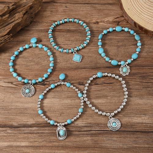 Long tiantian Western Turquoise Beaded Bracelet Set for Women Stackable Cowgirl Bracelets Boho Concho Jewelry Country Concert Rodeo Outfit Accessories Gifts - color: D3:Turquoise Bracelet