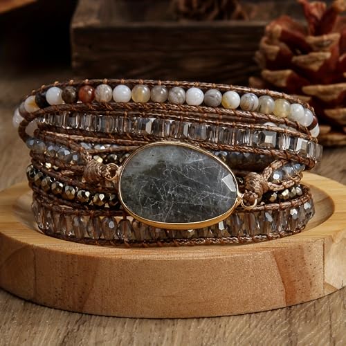 Women Wrap Bracelet Boho Natural Jasper Crystal Stone Beads Strand Bracelets - color: Gray