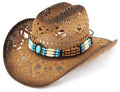 Straw Cowboy Hat, Western Cowgirl Hat, Wide Brim Sun Beach Hat for Men and Women - color: Khaki-m20
