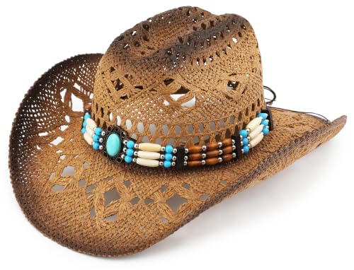Straw Cowboy Hat, Western Cowgirl Hat, Wide Brim Sun Beach Hat for Men and Women - color: Khaki-m20
