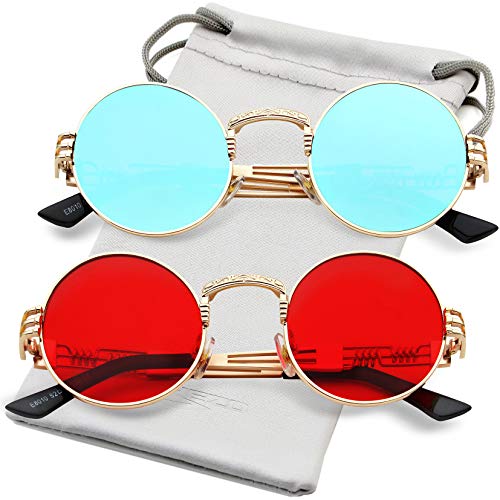 AIEYEZO Round Steampunk Sunglasses for Men Women Retro Circle Hippie Glasses Metal Frame 100% UV Blocking Lens - color: 2 Pack (Gold/Blue Mirror, Gold/Red)