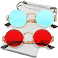 AIEYEZO Round Steampunk Sunglasses for Men Women Retro Circle Hippie Glasses Metal Frame 100% UV Blocking Lens - color: 2 Pack (Gold/Blue Mirror, Gold/Red)