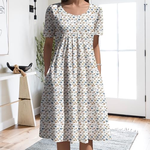Midi Dress for Women Boho Floral Pattern Short Sleeve Crew Neck Vacation Beach Sundress Lightweight Comfy - color: Beige Brown White, size: Small