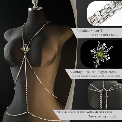 Paloli Gothic Cross Body Chain for Women – Silver Tone Adjustable Waist Body Jewelry, Vintage Filigree Y-Style Harness Necklace for Festival Party Outfit - style: Enchanted Green