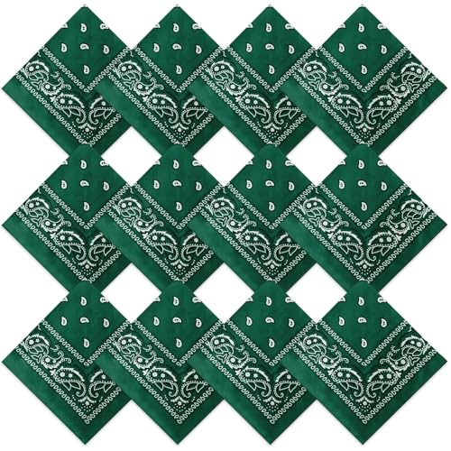 Suhine 12 Pcs Bandanas Bulk for Women Men 22 x 22 Inch Paisley Headband Cowboy Handkerchief Summer Beach Party Costume - color: Dark Green