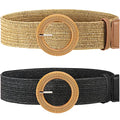 2 Pieces Women Straw Woven Elastic Stretch Waist Belt Skinny Dress Braided Waist Belt with Wooden Style Buckle - color: Black and Khaki