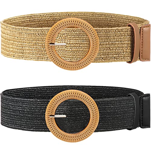 2 Pieces Women Straw Woven Elastic Stretch Waist Belt Skinny Dress Braided Waist Belt with Wooden Style Buckle - color: Black and Khaki