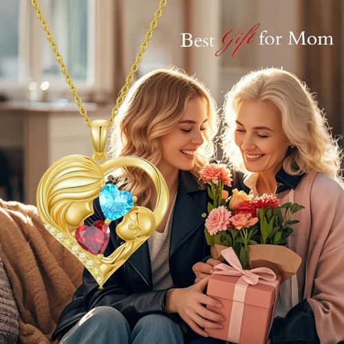 Mothers Day Gifts 14K Yellow Gold Mother Daughter Heart Pendant Necklace with 12 Months Birthstone Birthday Gifts for Mom Anniversarry Jewelry for Mom Wife Girlfriend - color: 01-03-Jan-Mar Birthstone