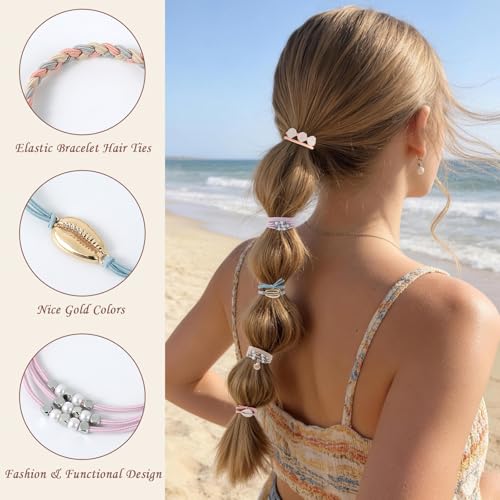 10 PCS Cute Hair Ties Bracelet for Women - 5 Styles Soft Braided Nylon Elastic Hair Bands No Damage Ponytail Holders - Pink Hair Accessories for Thick Thin Curly Hair with Gift Box - color: Pink