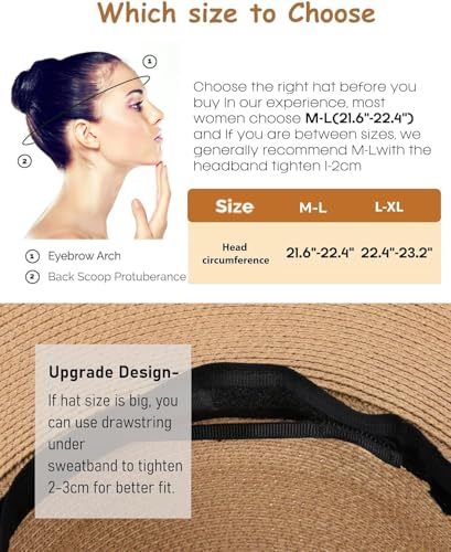 FURTALK Womens Beach Sun Straw Hat UV Protection Travel Packable Foldable Brim Summer UV Hat - color: Pure Beige, size: Medium-Large