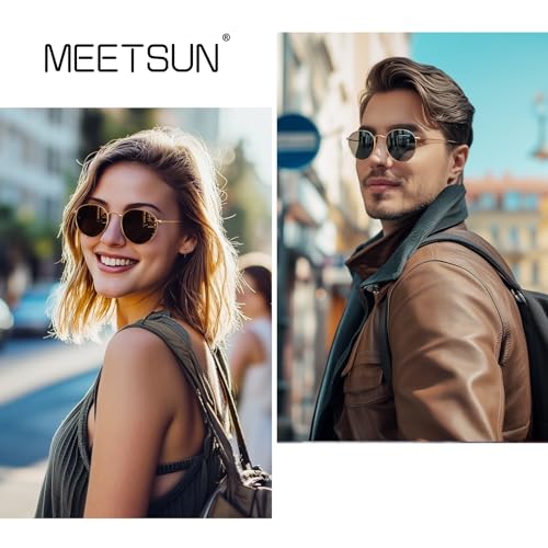 MEETSUN Round Polarized Sunglasses for Women Men Classic Retro Metal Frame Sun Glasses UV Protection - color: Gold/Grey