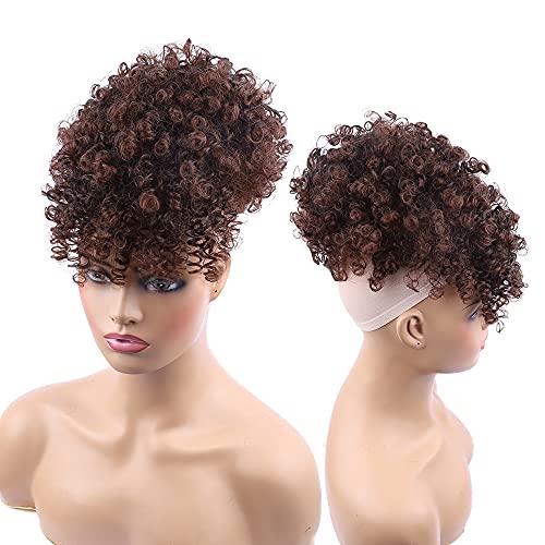 Drawstring Ponytail with Bangs - Afro Puff Extensions for Women, Short Curly Clip in Wrap Updo Hairpiece (2-33#) - color: 2-33#