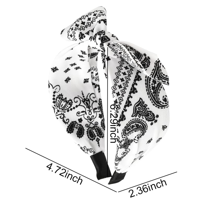 Boho Knotted Bow Hairbands with Paisley Print - Rabbit Ear and Bowknot Designs for Women and Girls, Hair Accessories - color: white