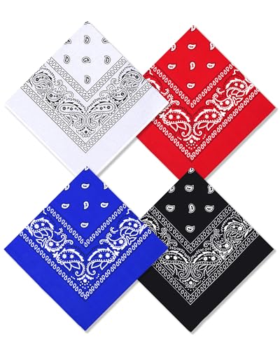 Bycc Bynn Large 27" x 27" 100% Cotton Bandanas - Set of 4 - color: Red+black+royal Blue+white