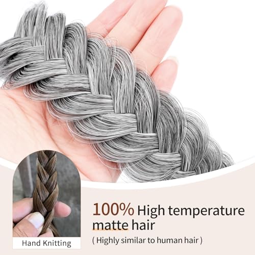 2PCs Braided Headband with teeth Handmade Messy Wide Synthetic Hair Elastic Stretch Fluffy Hairpiece for Brides (Salt Pepper) - color: Salt Pepper