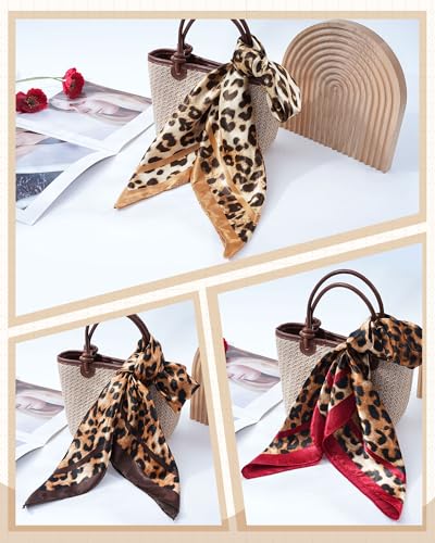 Mesovor 35” Square Head Scarf for Women, 3 Pack Like Silk Satin Headscarf Hair Neck Scarf Top Bandanas for Sleeping - color: Leopard(red/Coffee/Khaki)