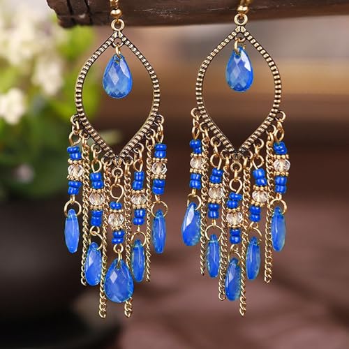 Clip on Tassel Dangle Earrings for Boho Women, Non Pierced, Colorful Feather Handmade Beads Fashion Vintage Fringe Jewelry for Parties Weddings Festivals Trendy Statement Earrings for Bohemian - color: Blue B