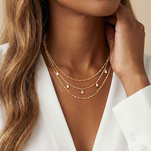 XIXINI Layered Necklaces for Women, Dainty Gold Necklace Stack 14k Gold Plated Layering Beads Choker Pendant Necklace Set Simple Statement Gold Necklaces for Women Trendy Fashion Gold Jewelry Sets - color: 3layer choker-Gold