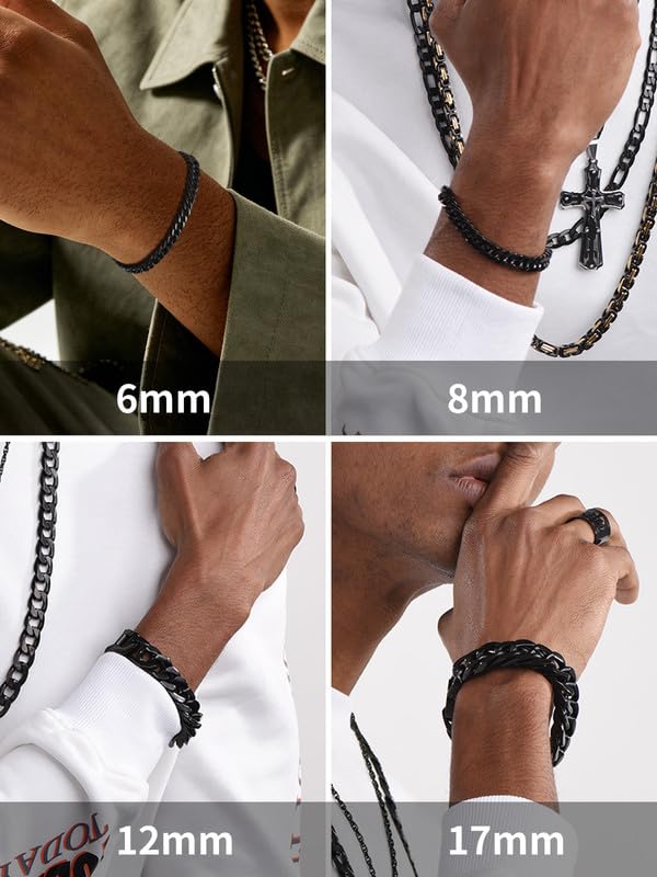 ChainsHouse Stainless Steel Cuban Link Bracelet, 8mm/12mm/17mm Width, 7.5"/8.3"/9", 18K Gold Plated Chain Wrist Bracelets for Men Women, Send Gift Box - color: F: Black-17mm width