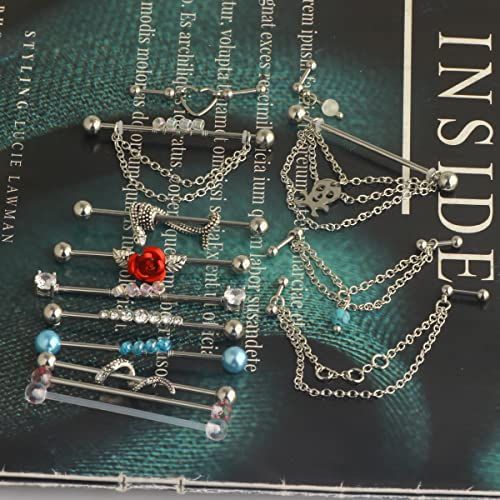 Suotarn 14G Industrial Piercing Jewelry For Women Men Stainless Steel 38 Industrial Barbell Long Cartilage Helix Conch Earrings Stud 14G Gauges Industrial Jewelry Butterfly Heart Cool 7-18pcs - color: Set # 5