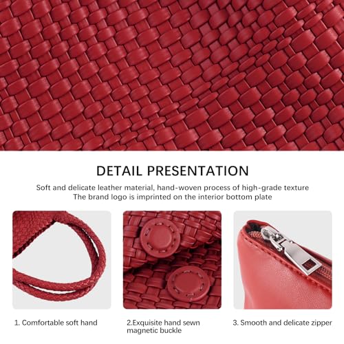 Woven Tote Bag Womens Purse Vegan Leather Shoulder Handbags Fashion Summer Beach Tote Bags Large Travel Totes - color: Red