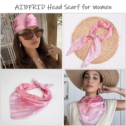 AIBFRID Square Head Scarves Satin Silk Hair Scarf Boho Bandana Headwear for Women Silk Feeling Hair Wrap Neck Scarf - color: Pink, size: 35inch