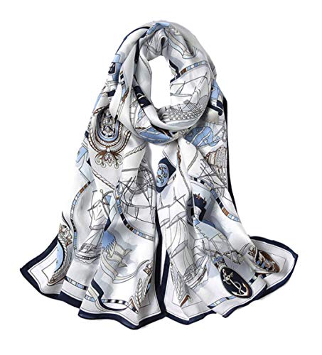 ANDANTINO 100% Silk Long Scarf-Women Large Oblong Shawls with Gift Packed - color: White&blue-sailing