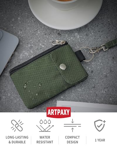 Artpaxy Minimalist Wallet For Mens Womens, Keychain RFID Blocking Zipper Small Wallet with ID Window 2 Lanyards,Water Resistant Travel Cash Card Coin Case Boys Girls - color: Army Green, style: Casual