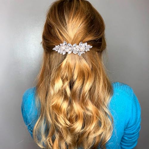 Joez Wonderful Rhinestone Hair Clip Sparkly Crystal Pearl Barrettes French Wedding Prom Engagement Pageant First Communion Hair Decorative Accessories for Women Girls Bride Thick Long Hair - color: Pearl