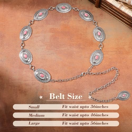 XZQTIVE Women Boho Chain Belts For Dresses Jeans Western Cowgirl Waist Links Belt Adjustable Metal Concho Belt - size: Fit Waist upto 36inches, style: Pink Turquoise Silver