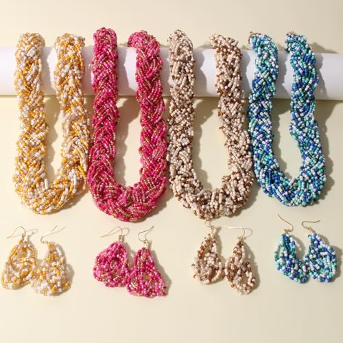 Caiyao Bohemia Multilayer Beaded Choker Necklaces Earrings Set Colorful Adjustable Crystal Rice Beads Chunky Necklace for Women Summer Beach Hawaiian Vacation Ethnic Jewelry Gifts - style: StyleG