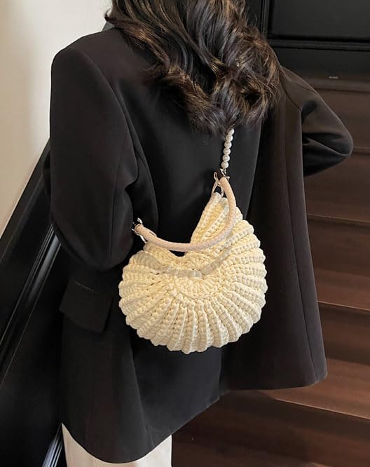 Handmade Crochet Tote Bag Seashell Purse for Women Boho Shell Handbag Crossbody Shoulder Bag Summer Beach Clutch Hobo Handbag - color: Beige