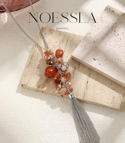 Noessla Boho Long Pendant Necklaces for Women Silver Tassel Long Necklace Sweater Chain Mothers Day Gifts Silver Costume Jewelry for Women - color: Agate