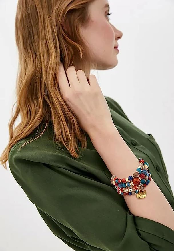 Women Beaded Bracelet Set | Colorful Boho Stackable Trendy Design with Crystal Accents Multilayer Bangle Bracelet | Fashion Stretch Braclets Jewelry for Women - color: Red