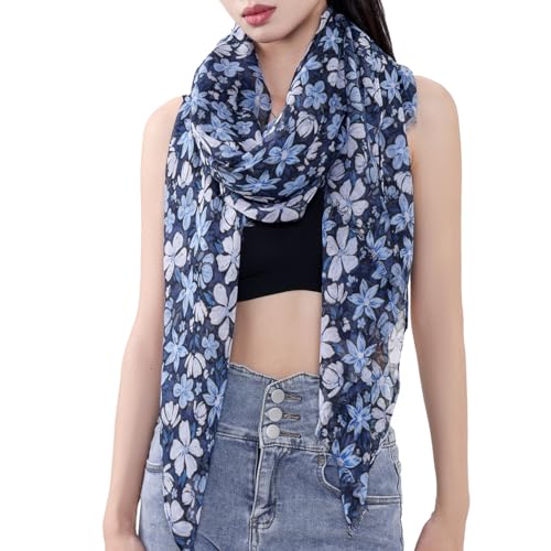 MELIFLUOS DESIGNED IN SPAIN Scarf for Women Lightweight Floral Flower Scarves for Summer Fall Shawl Wrap - color: Barcelona Collections 48 - Blue Flower Pattern